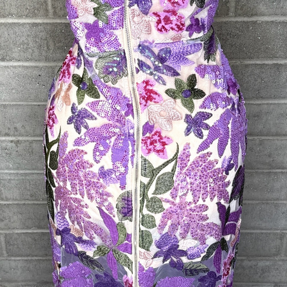 Bella Barnett Floral Sequin Strapless Maxi Dress Purple Embroidered Mesh M - Picture 11 of 13